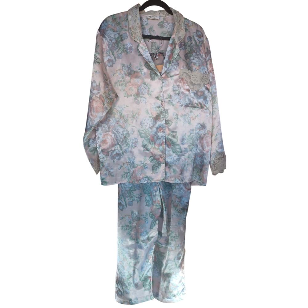 VTG Victoria's Secret Gold Label Satin Floral Pajamas Pink Blue Green Lace PJs M